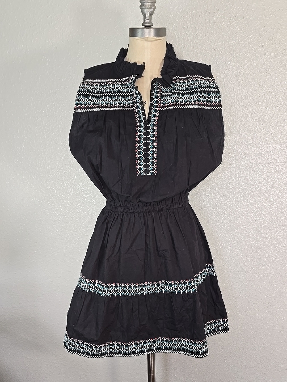 Sundays Black Embroidered Boho Mini Dress
